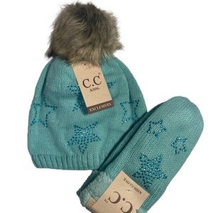 C.C Kids Mint  beanie with Matching Mittens rhinestone stars pattern